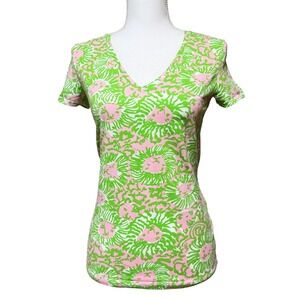 Lilly Pulitzer Pink Green Lion Print V-Neck T-Shirt Small 70082 Cotton Spandex